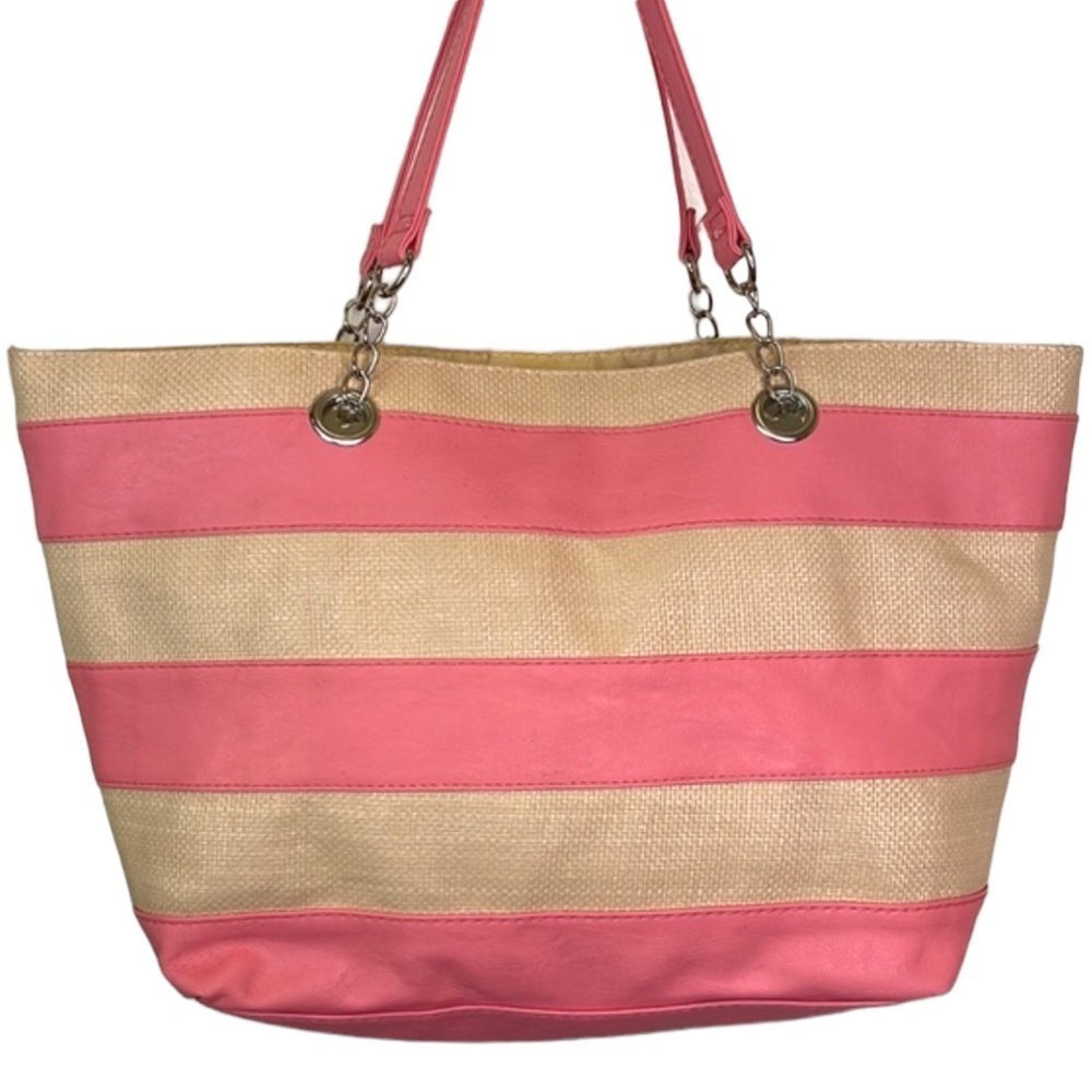 Large Pink Tote Bag Woven Striped Oversized Unstructured